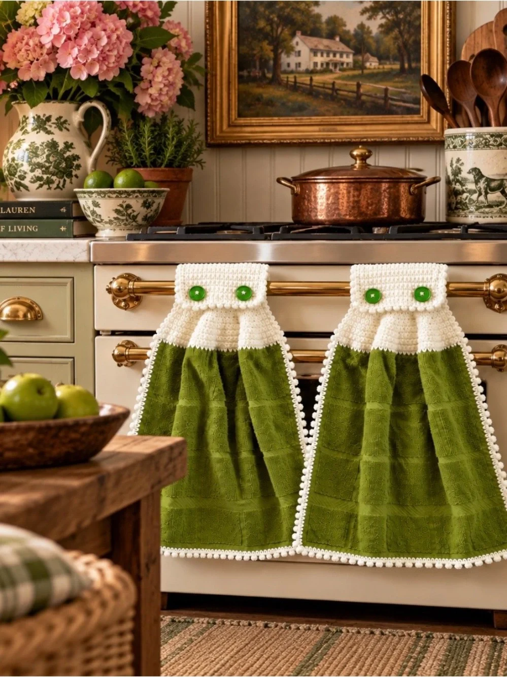Green Crochet-Trim Hanging Kitchen Towels - Brand: